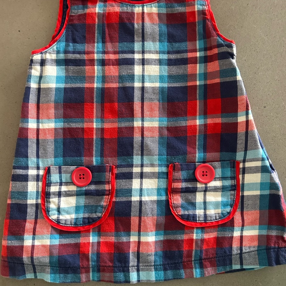 Baby Boden Red and Blue Plaid Pinafore Dress with Pocket Buttons